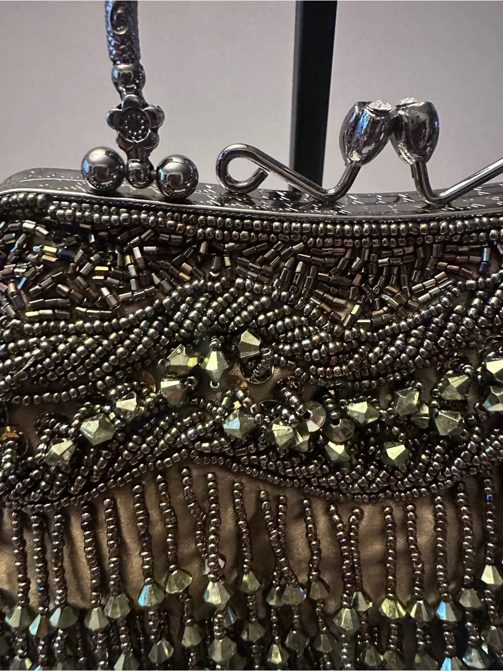 Olive Green Satin Beaded Mary Frances Inspired design Clutch/Purse with chain NW